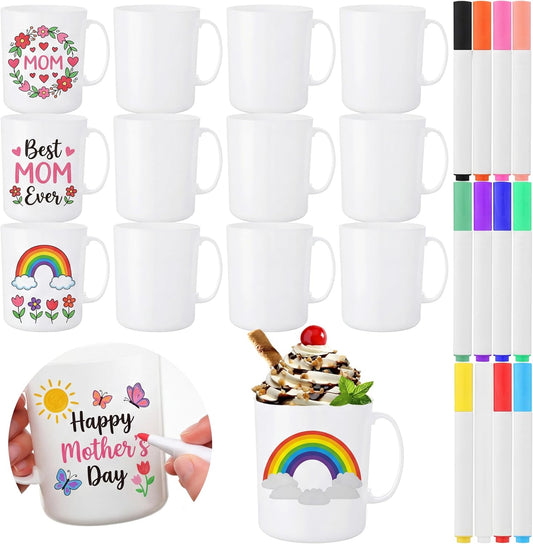SiliFine 12 Pcs 12 Pcs DIY Crafts Design Your Own Mug Painted Mug Kit Personalized Painting Coffee with Handle 12 oz DIY Plastic Decorating Crafts for Mother's Day Birthday Party Supply with Marker