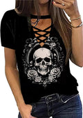 Cute Criss-Cross Hollow Out T-Shirt Women Funny Floral Graphic Print Shirt Casual Short Sleeve Vacation Tops