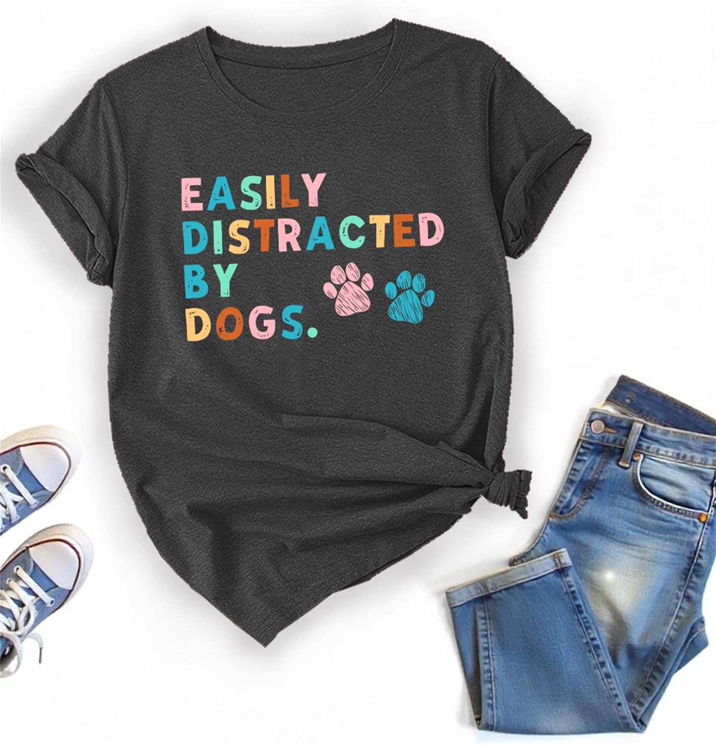 Cute Dog Paw Easily Distracted by Dogs T Shirt for Women