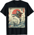 Funny Cat Riding Shark Japanese Ukiyo-e Art Samurai Cat T-Shirt