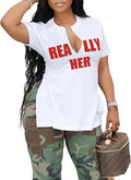 Womens Graphic Tees Sexy V Neck T Shirts Short Sleeve Side Slit Summer Tops