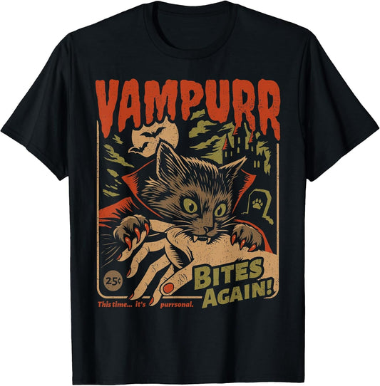 Vampurr Bites Again! Funny Cat Halloween Vintage Graphic T-Shirt