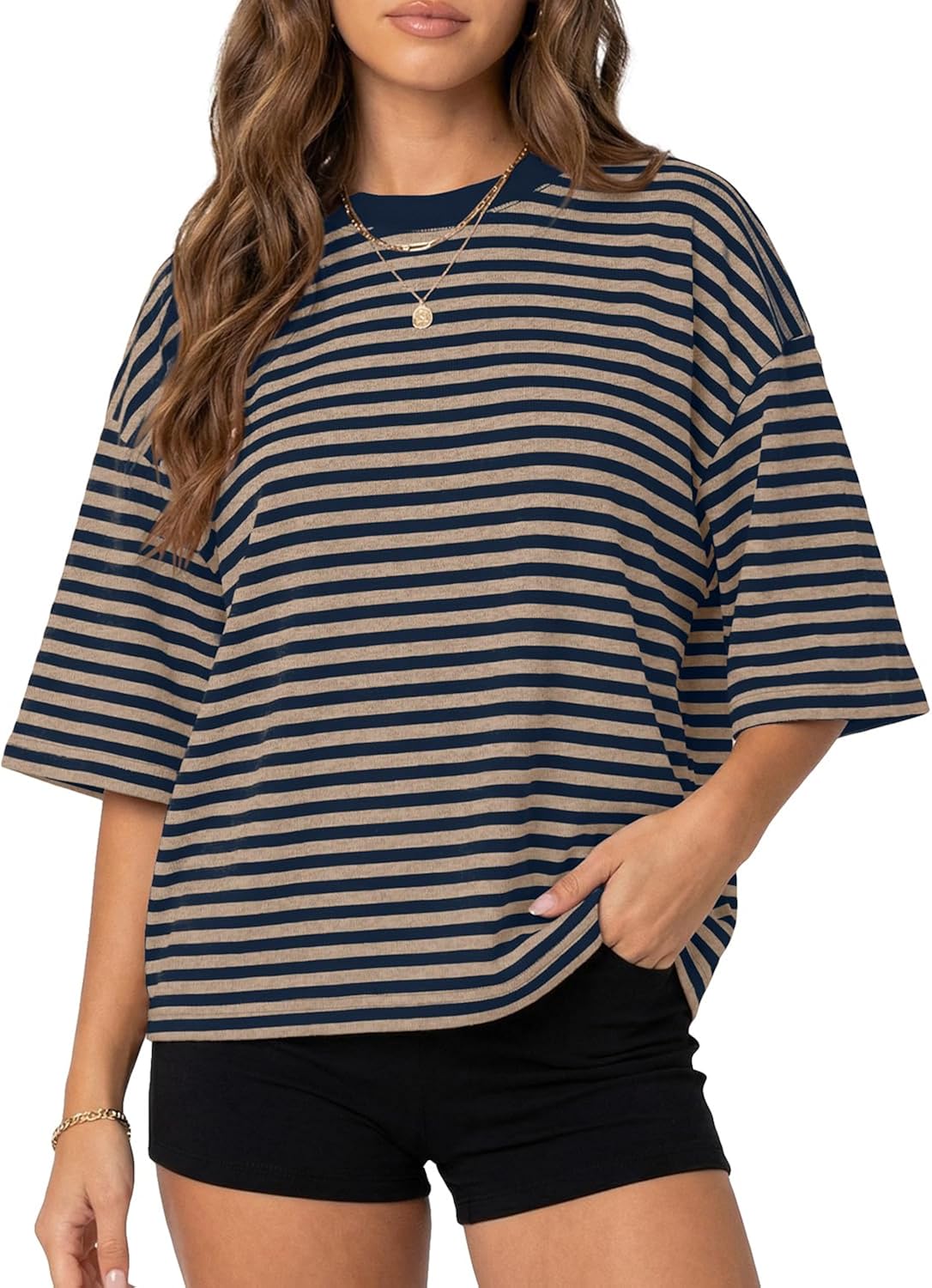 Women Oversized Short Sleeve Crewneck Striped Tshirt Tops Y2K Aesthetic Bloom Drop Shoulder Tee Summer Outfits