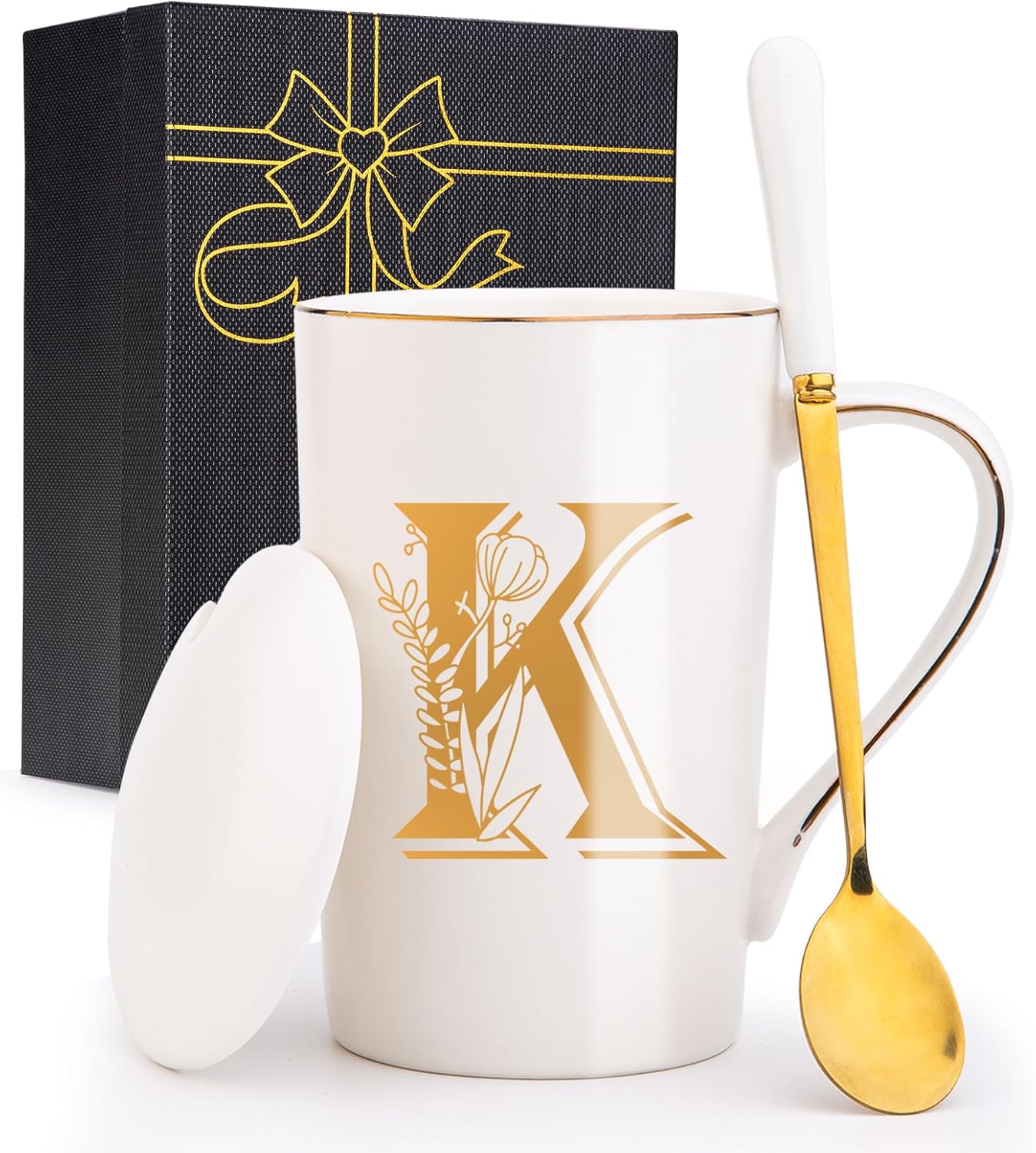 Letter K Personalized Initial Mugs with Flower, Letter K Personalized Coffee Mug, Customized Cool Letter Mugs for Women, Bridal Shower Gifts, Women's Initials Gifts Mug 14 OZ Matte White