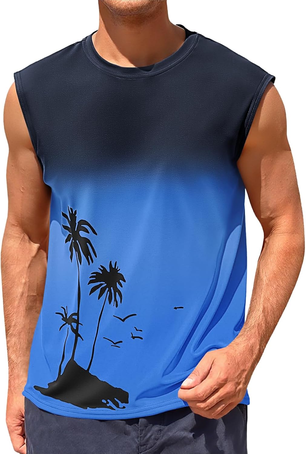 Mens Graphic Tank Tops Sleeveless Palm Tree Gradient Shirts Beach Hawaiian Gym Muscle Workout Tops