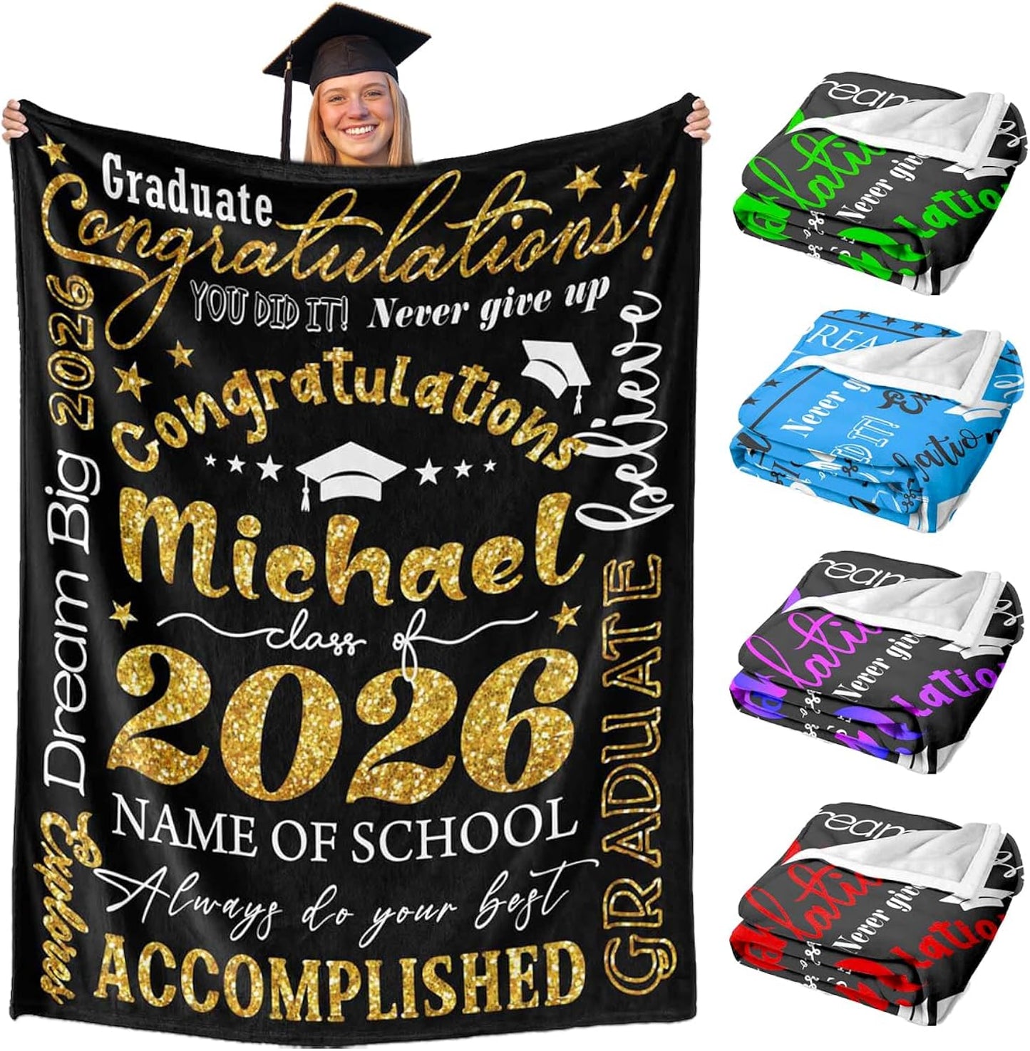 Customd Name Blankets Graduation Throw Custom Class of 2026 Graduation Blanket for 2026 Seniors Students Daughter Son Classmates Personalized Blankets for Graduate Decor Gifts