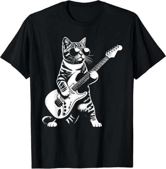 Guitar Cat Novelty Rock Music Band Concert Funny Cat T-Shirt