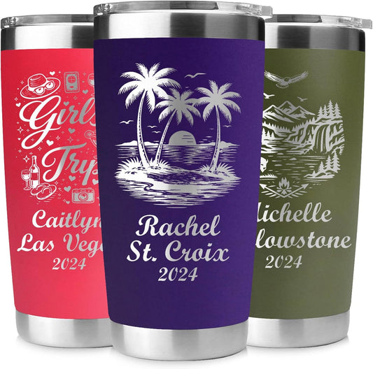 Personalized Vacation Tumbler 20 oz – Custom Engraved Stainless Steel Insulated Travel Mug for Family Vacation, Girls Trip & Cruise, Beach & Road Trip Cup, Durable Powder Coated, Made in USA