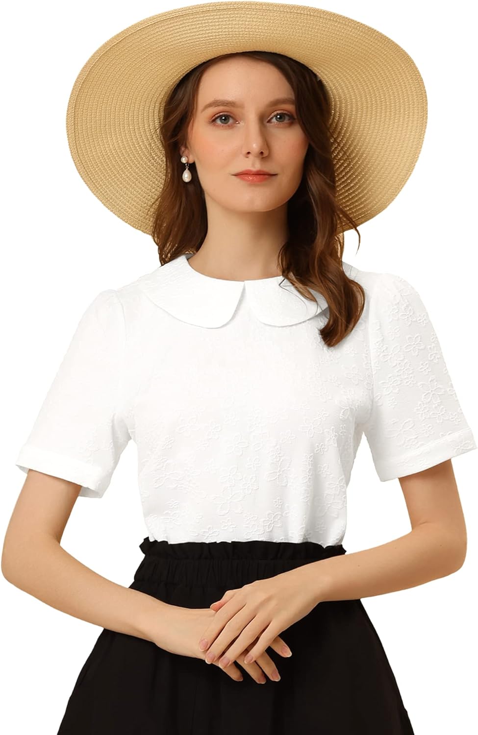 Peter Pan Collar Blouse for Women's Floral Jacquard Puff Short Sleeve Kawaii Top