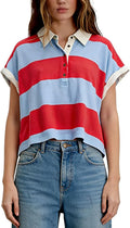 Womens Striped Oversized Tshirts Y2K Baggy Polo Shirts Aesthetic Short Sleeve Summer Tops Collared Cropped Rugby Shirt