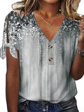 Women's Summer All Over Print Casual V-Neck T-Shirt Tops with Button Detail