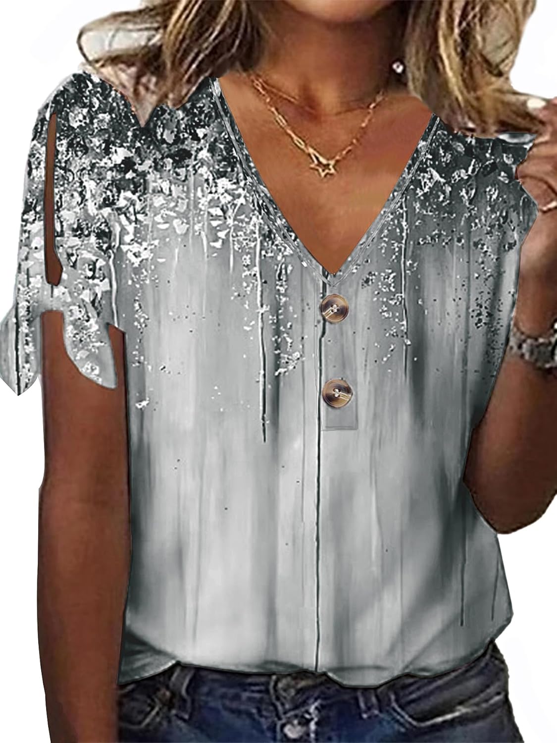 Women's Summer All Over Print Casual V-Neck T-Shirt Tops with Button Detail
