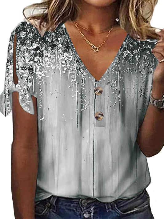 Women's Summer All Over Print Casual V-Neck T-Shirt Tops with Button Detail