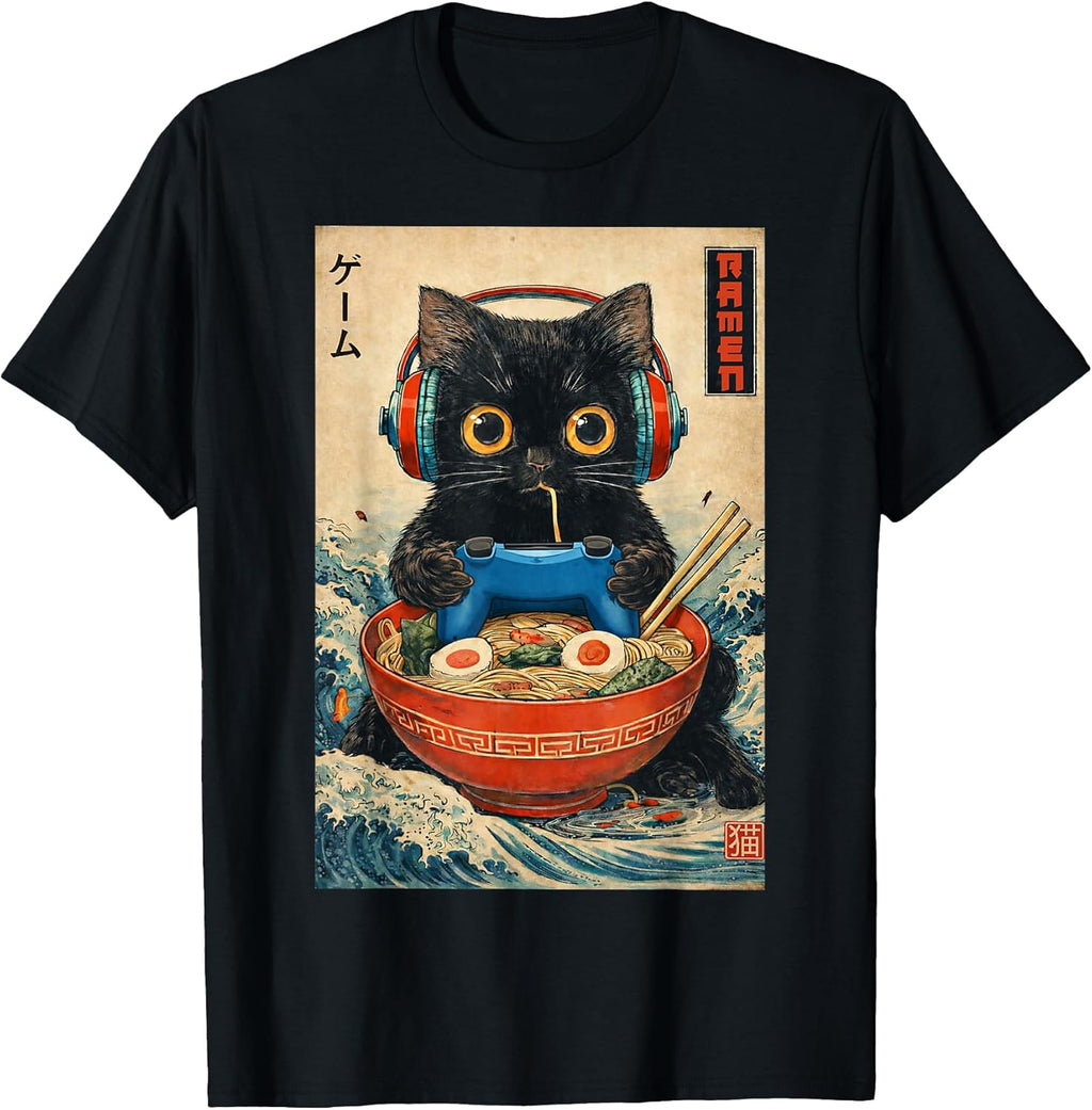 Cat Ramen Japanese Funny Graphic Tees Kawaii Cat Anime Gifts T-Shirt