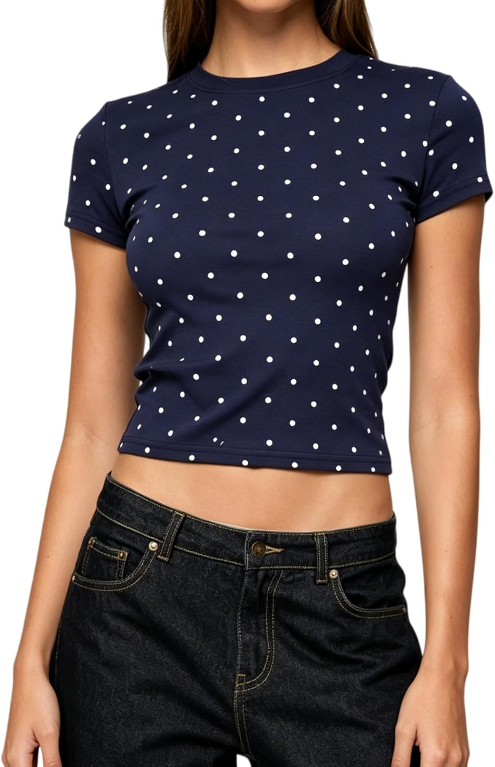 Y2k Baby Tees for Women Short Sleeve Polka Dot Shirt Tops Slim Fit Vintage Aesthetic T Shirt Girls Streetwear