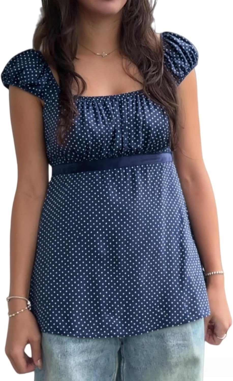 Women Fairy Coquette Babydoll Shirt Y2k Cap Sleeve Polka Dot Grunge Flowy Preppy Tees Vintage Aesthetic Clothes