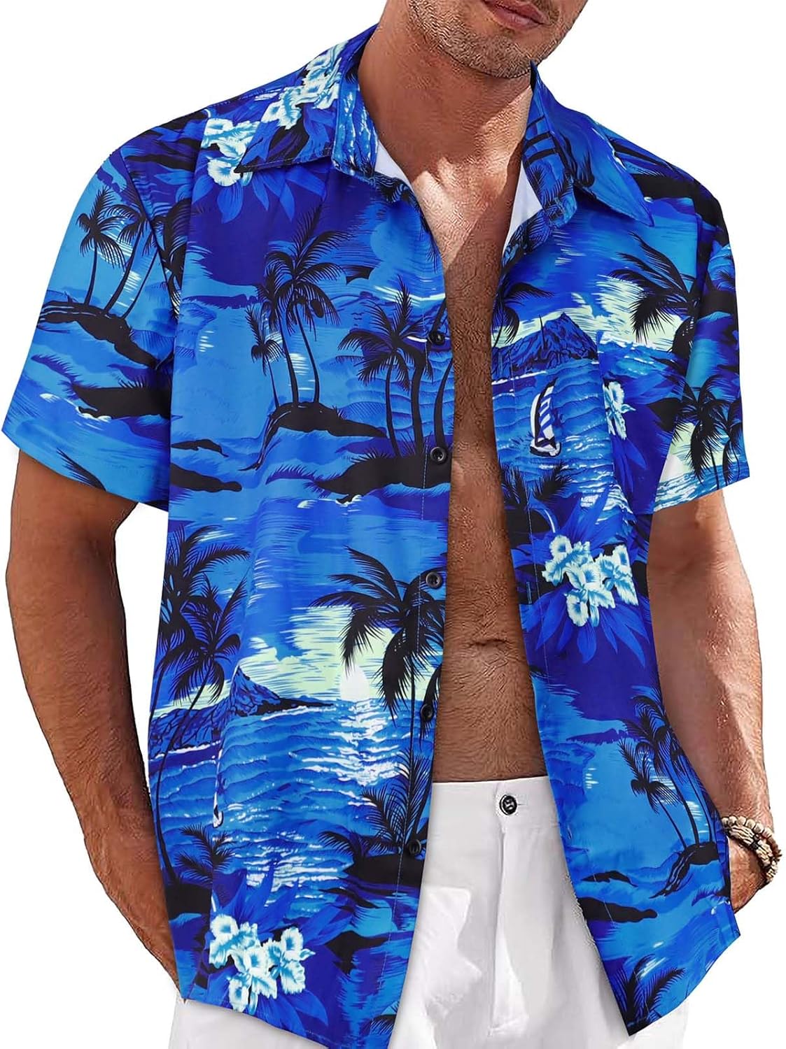 Mens Hawaiian Shirt Short Sleeve Summer Beach Casual Tops Button Down T Shirts with Pocket