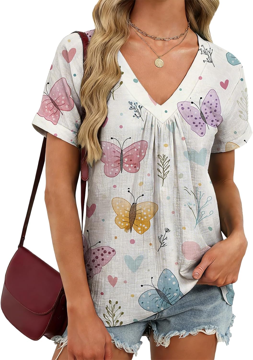 Womens Summer Tops Vintage Print V Neck Short Sleeve Soft Soft Fabric Pleated Casual Blouses for Outdoor