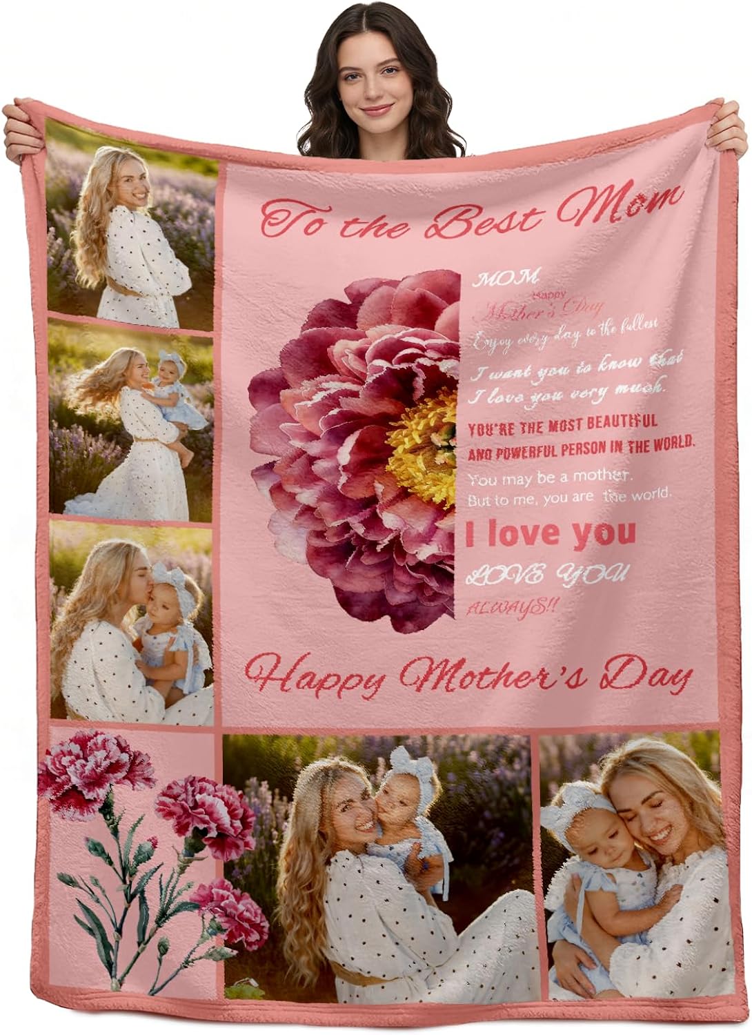 Personalized Mom Blanket Throws with Photo, Custom Picture Blankets, Personalized Gifts for Mama, Grandma, Wife, Mother's Day, Birthday Gift