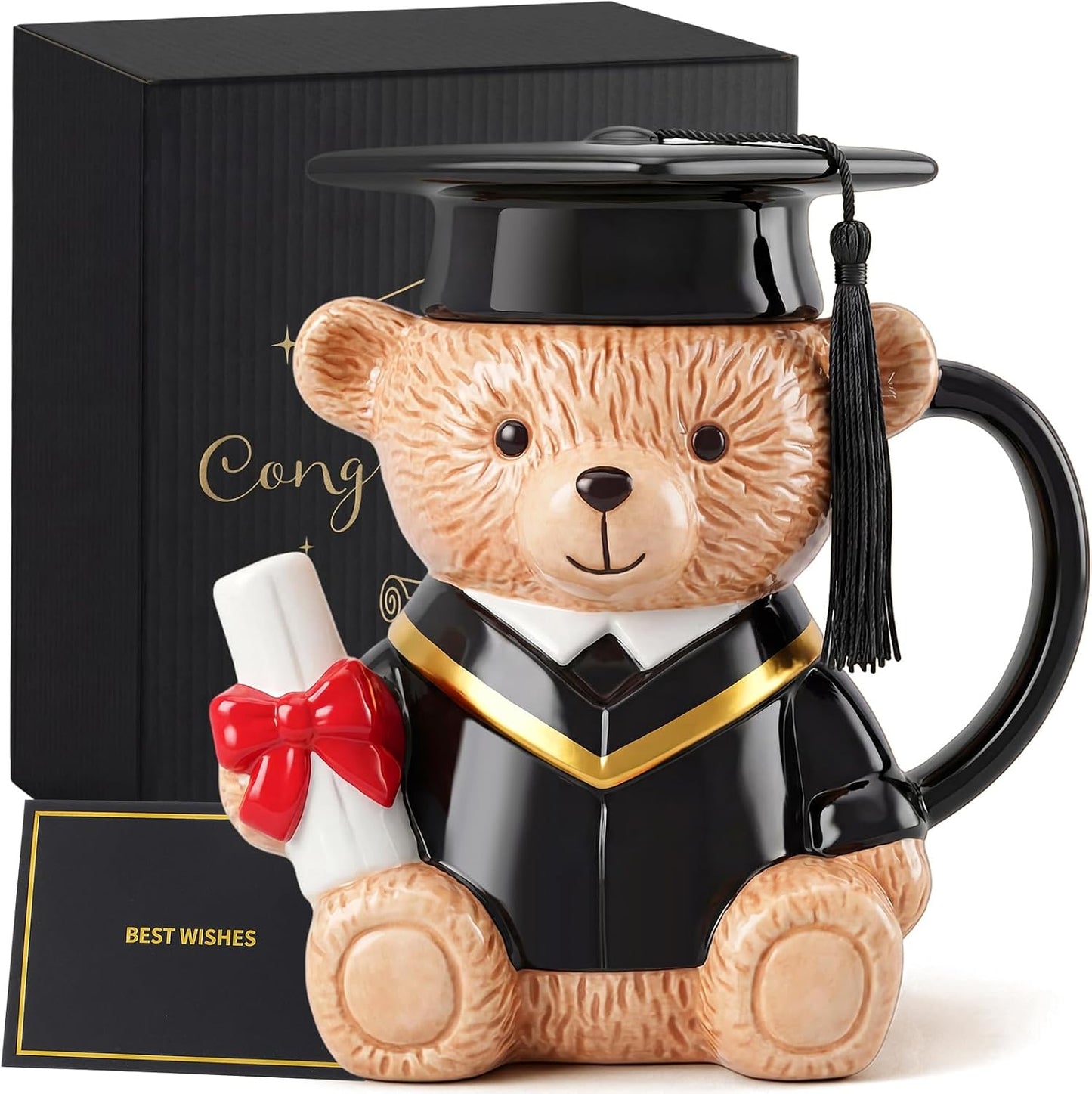 Yungyan Graduation Gift Bear Mug for Her Him, 15oz 3D Ceramic Coffee Mug 2026 Graduation Gift with Box for Women Men College High School Masters Nurse Friends Daughter(Black)