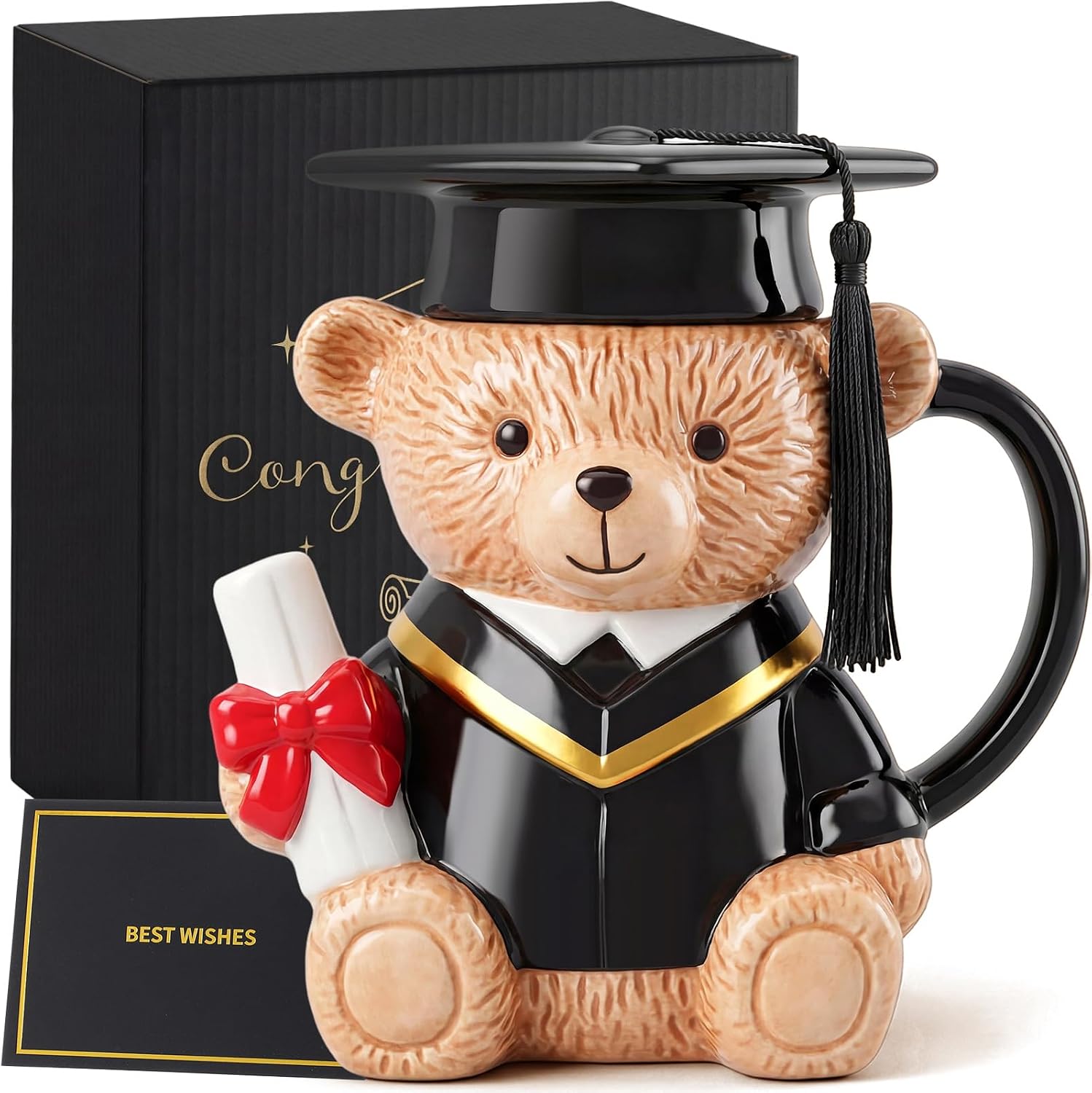 Yungyan Graduation Gift Bear Mug for Her Him, 15oz 3D Ceramic Coffee Mug 2026 Graduation Gift with Box for Women Men College High School Masters Nurse Friends Daughter(Black)
