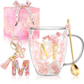 Personalized Gifts for Women Flower Glass Coffee Mug Initial Tea cup Mother's Day Gifts for Mom Monogrammed Customized Bridesmaid Bride Wedding Gifts Graduation Valentines Birthday Christmas Gift(M)