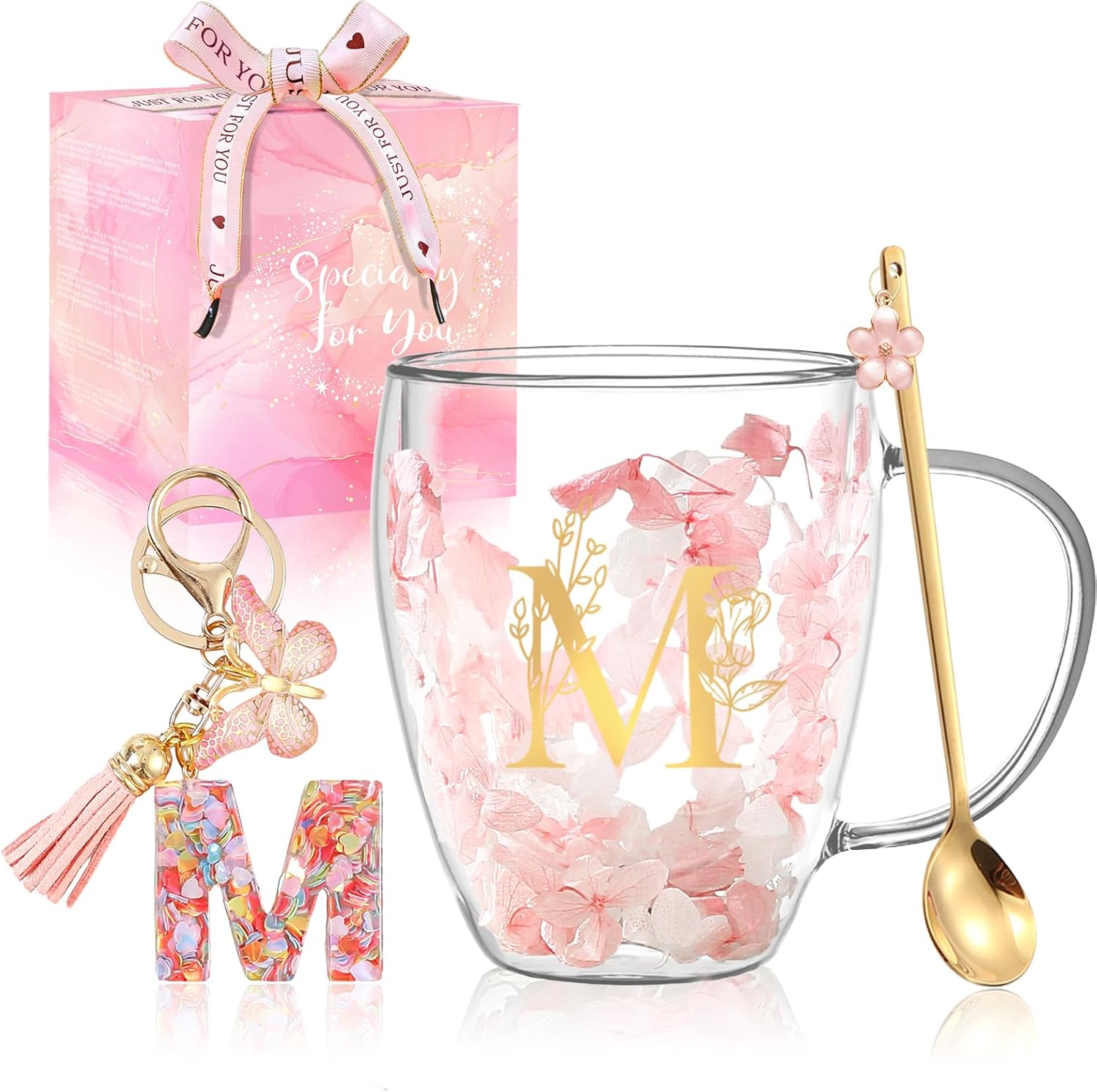 Personalized Gifts for Women Flower Glass Coffee Mug Initial Tea cup Mother's Day Gifts for Mom Monogrammed Customized Bridesmaid Bride Wedding Gifts Graduation Valentines Birthday Christmas Gift(M)