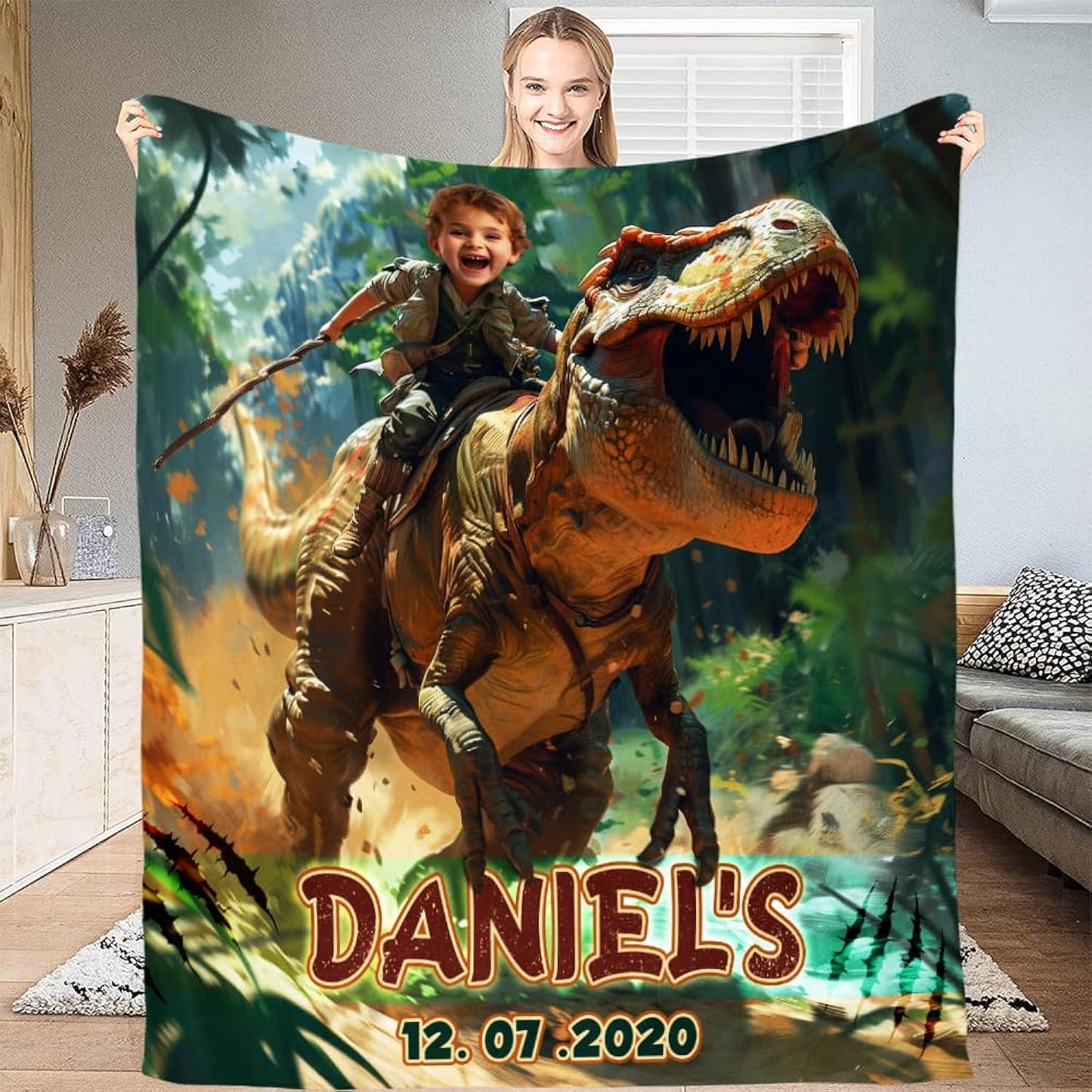 Personalized Dinosaur Blanket for Boys with Name, Upload Photo Face Dinosaurs Blanket Throw Soft Flannel, Unique Gift for Boys Men Girl Room Decor Christmas Birthday Gifts