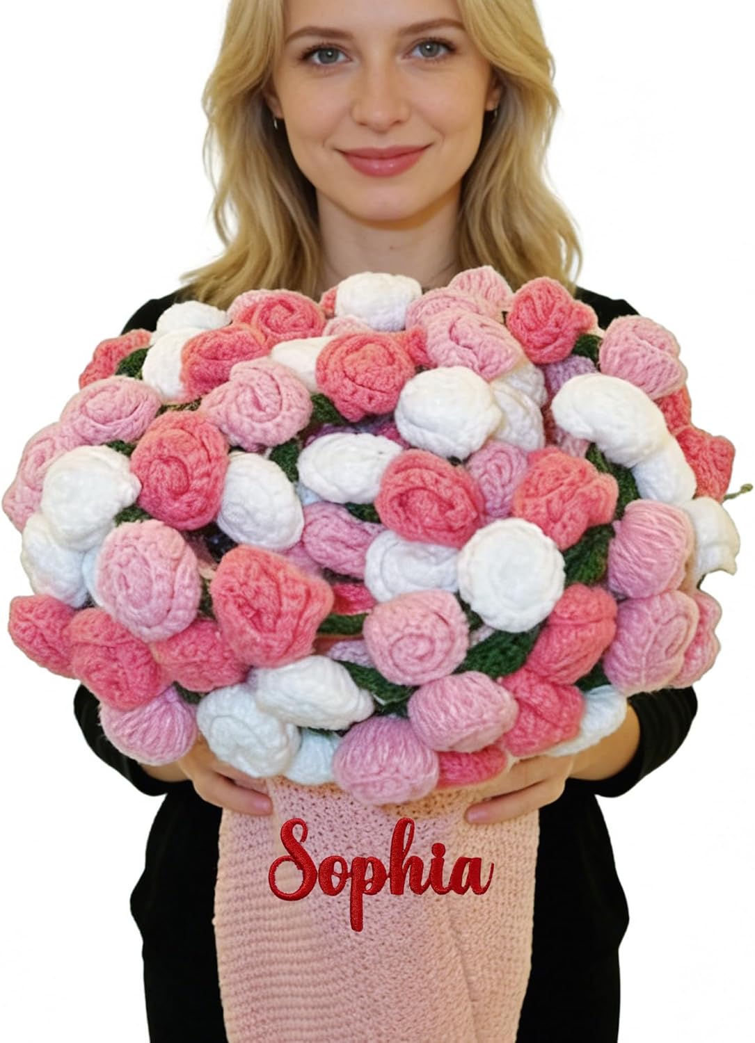 Custom Crochet Rose Bouquet Blanket for Women - Embroidered Name, Personalized Flower Cotton Throw Gift for Mother's Day, Teachers' Day, Birthday White & Pink