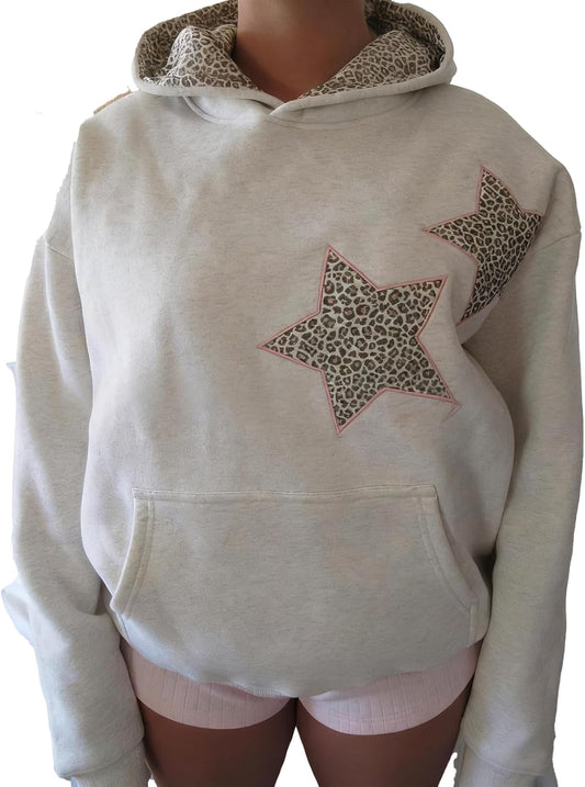 Womens Star Graphic Hoodies Oversized Y2k Leopard Print Hooded Sweatshirt Teen Girls Casual Cheetah Unisex Streetwear