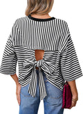 Womens Tops 2026 Striped Tie Back Short Sleeve T Shirts Crewneck Casual Loose Basic Tee Summer Outfits