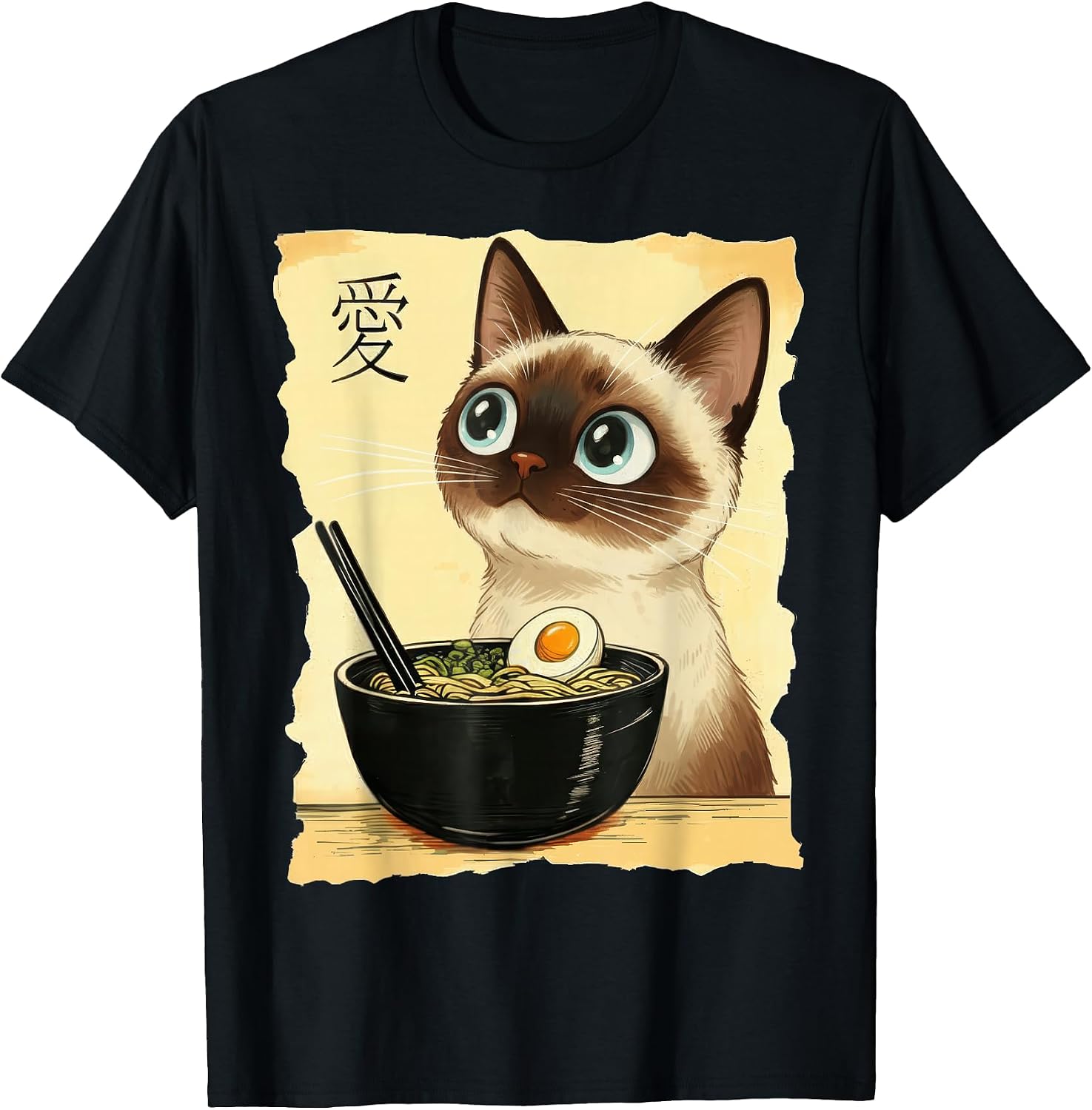 Funny Siamese Cat Eating Ramen Noodles Japanese Art Lovers T-Shirt