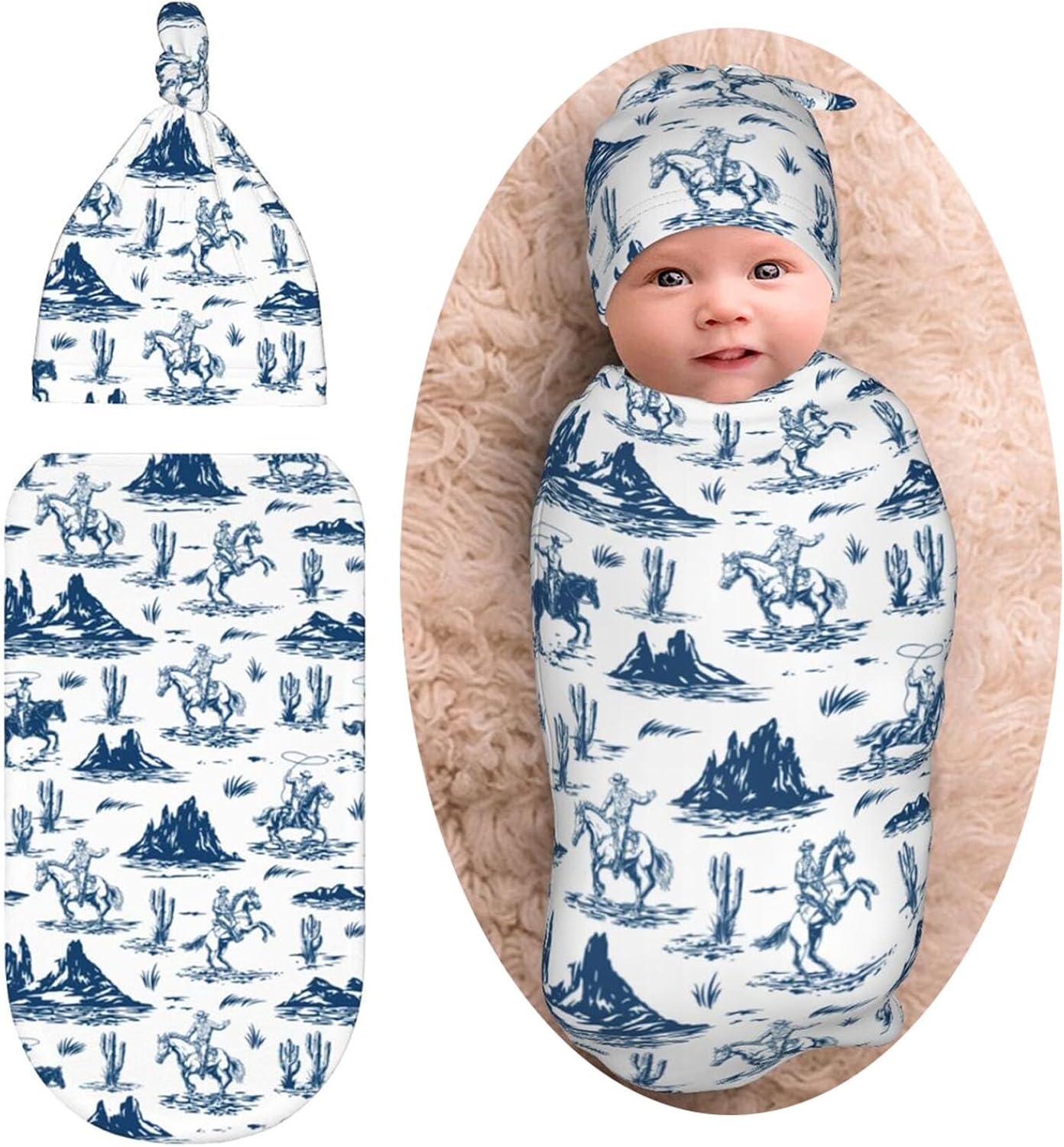 Western Cowboy Cactus Baby Stuff Newborn Baby Swaddle Blanket Wrap Blanket Soft with Beanie Hat Sets Gifts for Infant Boys Girls