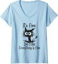 Womens Funny Black Cat It's Fine I'm Fine Everything is Fine V-Neck T-Shirt Small