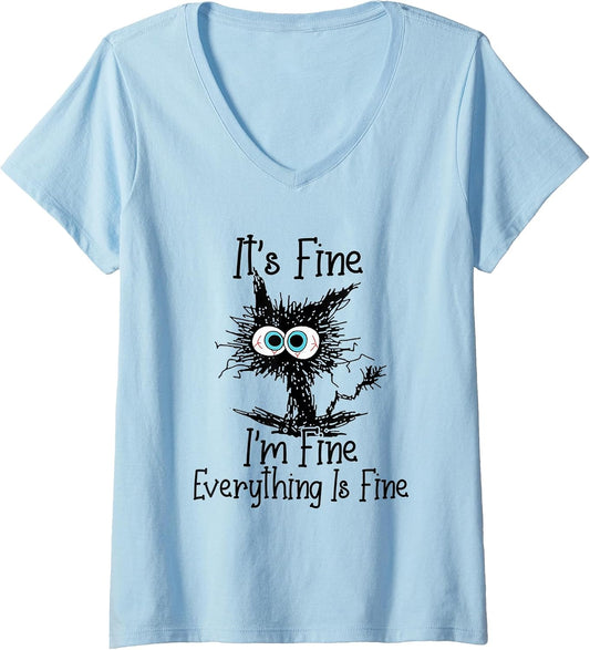 Womens Funny Black Cat It's Fine I'm Fine Everything is Fine V-Neck T-Shirt Small