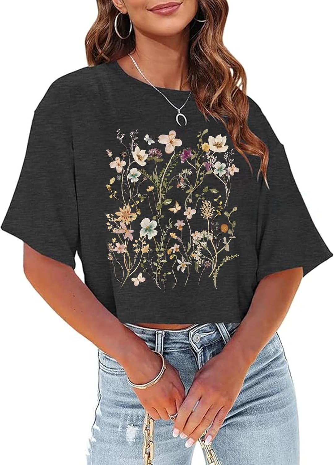 Women's Summer Cropped T Shirts Funny Rock and Roll Country Music Graphic Print tees Short Sleeve Casual Crop Tops