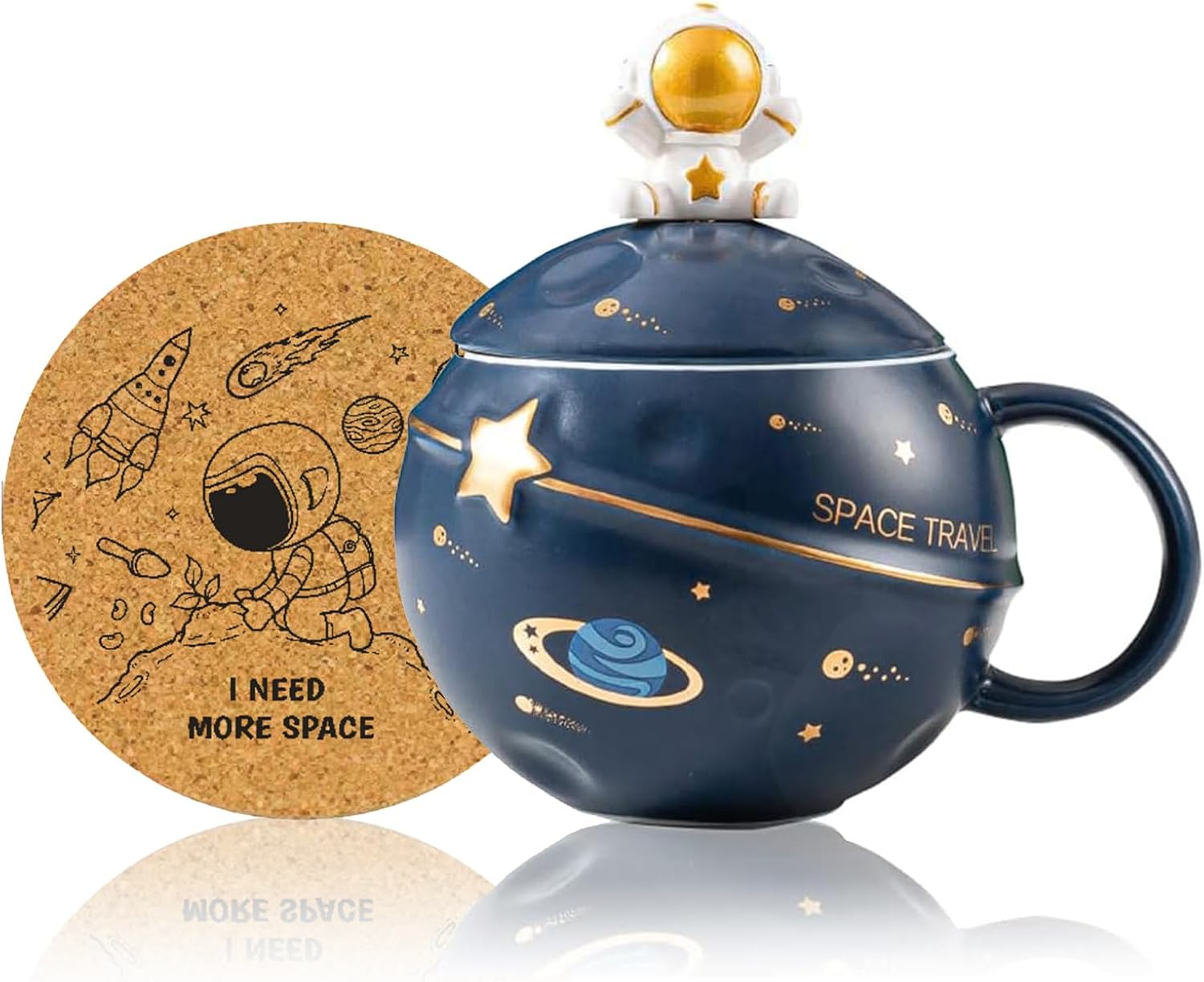 Yalucky Kawaii Astronaut Cup Space Embossed Planet Mug, Cute Ceramic Coffee Mug, Novelty Mug with Lid and Spoon for Coffee, Tea, Milk, Aesthetic Room Decor Funny Gift for Girl Boy Women (Dark blue)