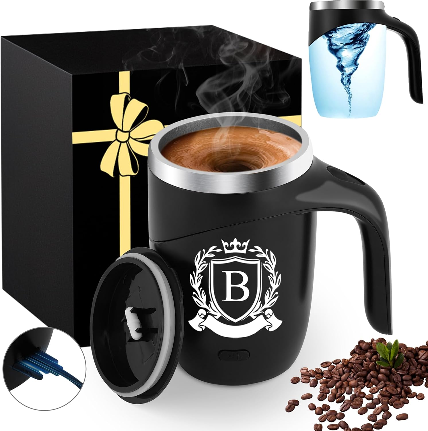 Initial Magnetic Stirring Coffee Mug Stainless Travel Cup Stainless Steel Leackproof Heavy Large Water Cup Taza Cafe Travel Essentials Accessories Camping Road Trip Must Haves RV Gadget Hiking Stuff,B