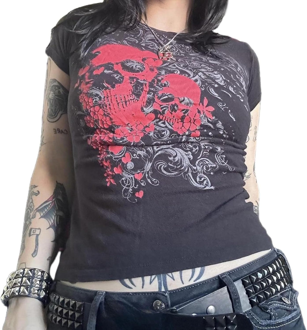 Women Y2K Graphic T-Shirts Summer Short Sleeve Punk Gothic Tee Tops Vintage 90s Aesthetic Emo Clothes Streetwear
