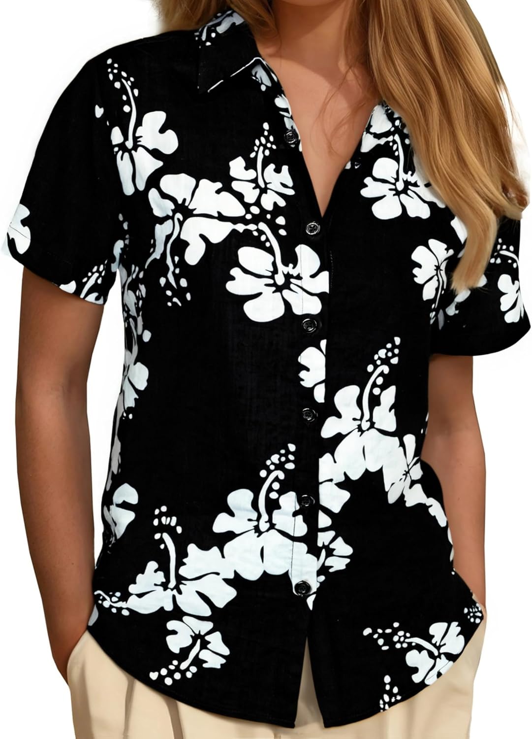 Women's Floral Blouse Casual Button Down Short Sleeve Aloha Hawaiian Shirt