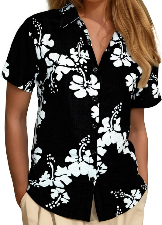 Women's Floral Blouse Casual Button Down Short Sleeve Aloha Hawaiian Shirt