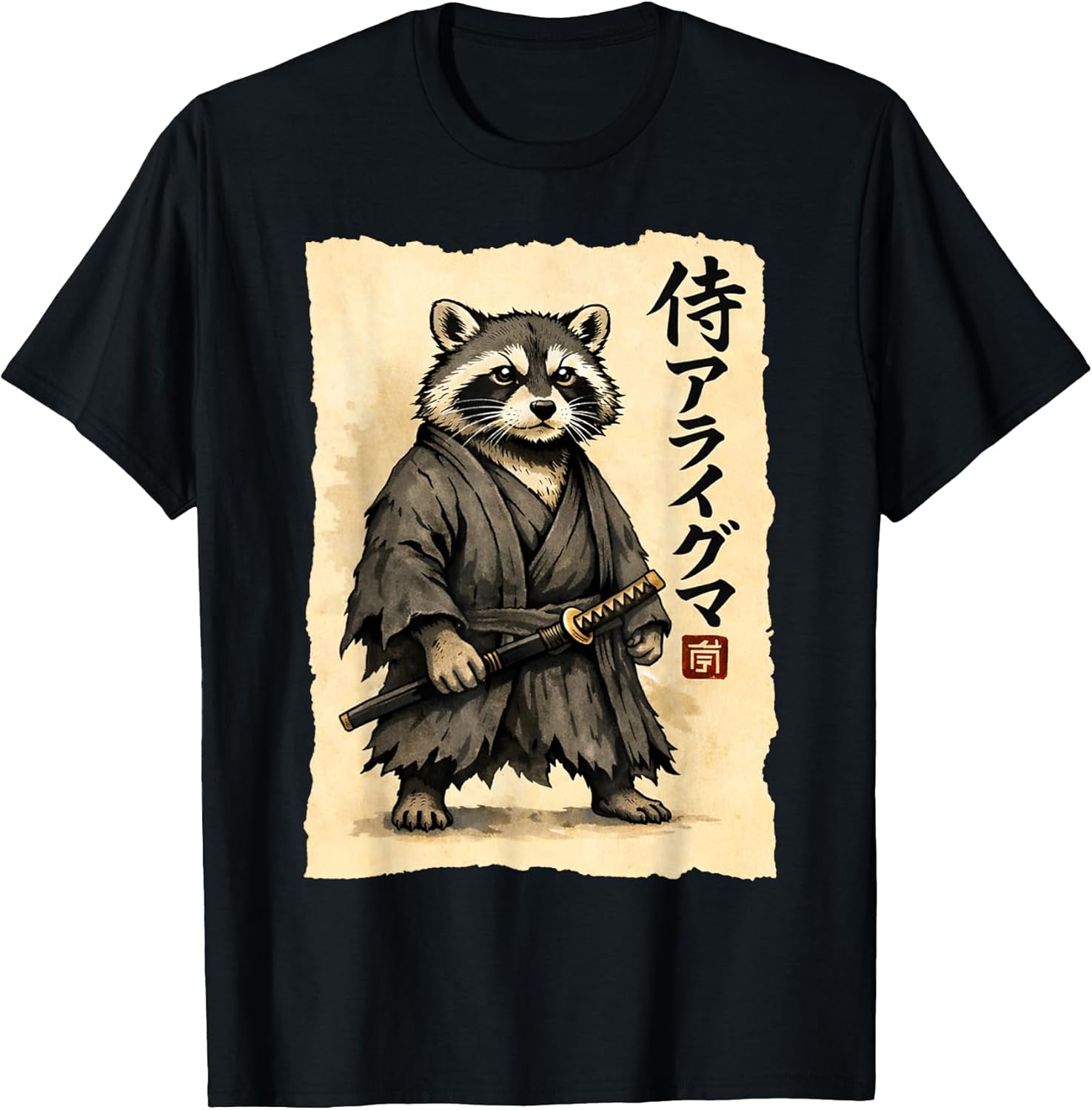 Samurai Raccoon Japanese Warrior Vintage Ukiyo-e Anime Art T-Shirt