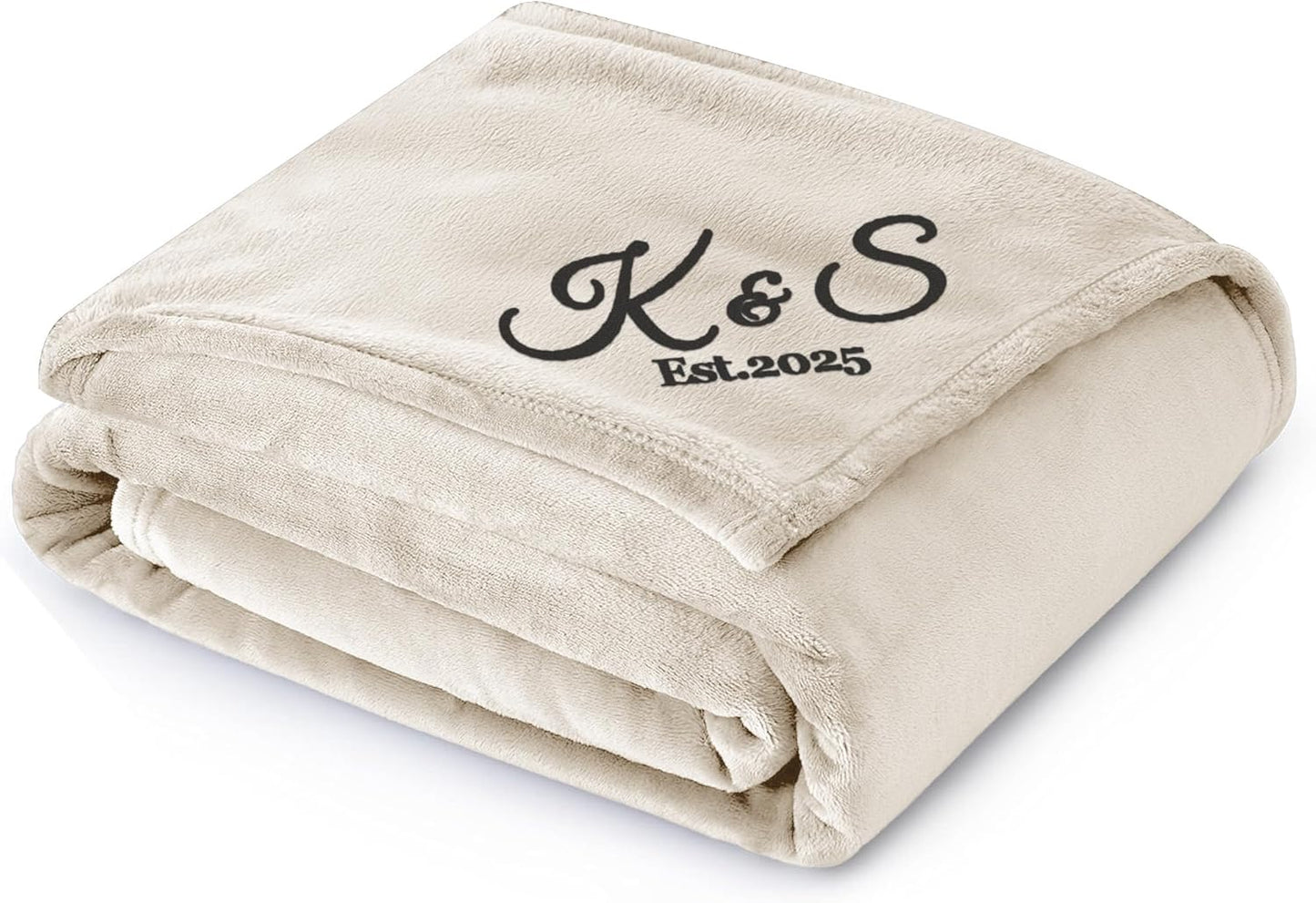 Personalized Blanket with Embroidered Name, Custom Fleece Throw Blanket Cozy Soft Blanket for Bed, Sofa, Couch, Travel, Camping, Personalized Wedding Gift 2025, Valentine's Day, New Home - Cream