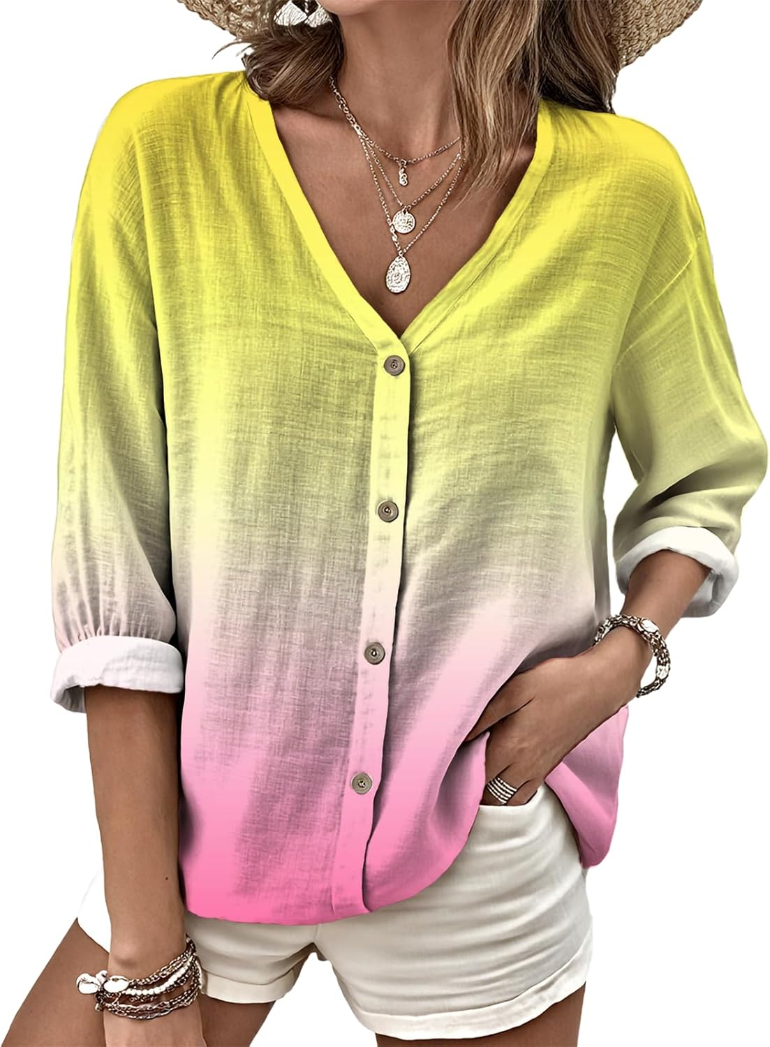 Button Down Shirt Women V Neck Graphic T Shirt Elegant Soft and Comfy Long Sleeve Top Casual Wear Plus Size