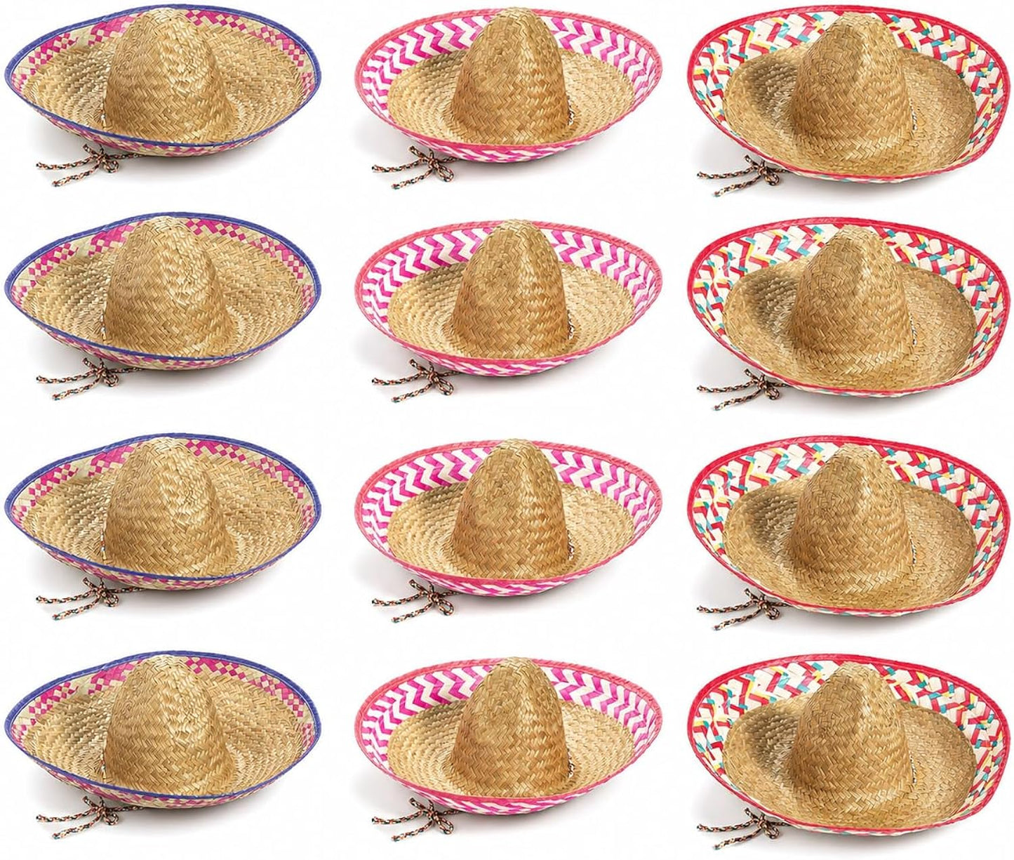 Mexican Sombrero Hats 12 Pack - Authentic Straw Sombreros for Cinco de Mayo Fiesta Party Decorations | Adult Size Mariachi Style with Embroidered Details & Chin Cord Brown