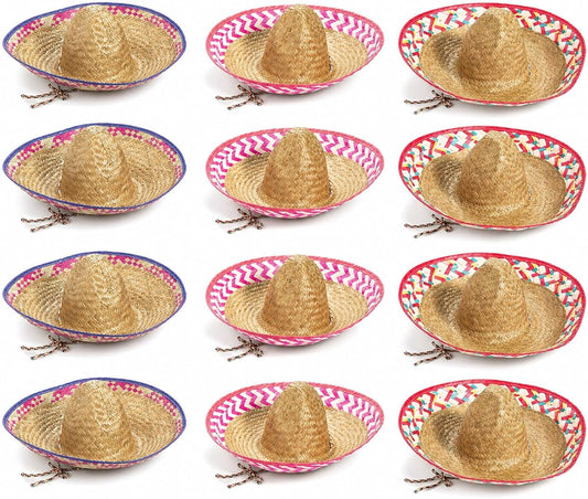 Mexican Sombrero Hats 12 Pack - Authentic Straw Sombreros for Cinco de Mayo Fiesta Party Decorations | Adult Size Mariachi Style with Embroidered Details & Chin Cord Brown