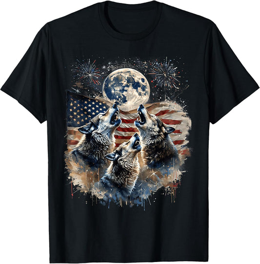 Howling Wolves Under Moon American Flag