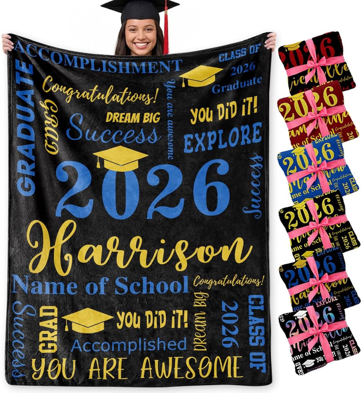 Graduation Gifts Personalized for Her Him Blankets with Name&School for College High School Middle School Class of 2026 Gifts,Custom Name Blankets Master Degree/PHD Grad Gifts for Women Men