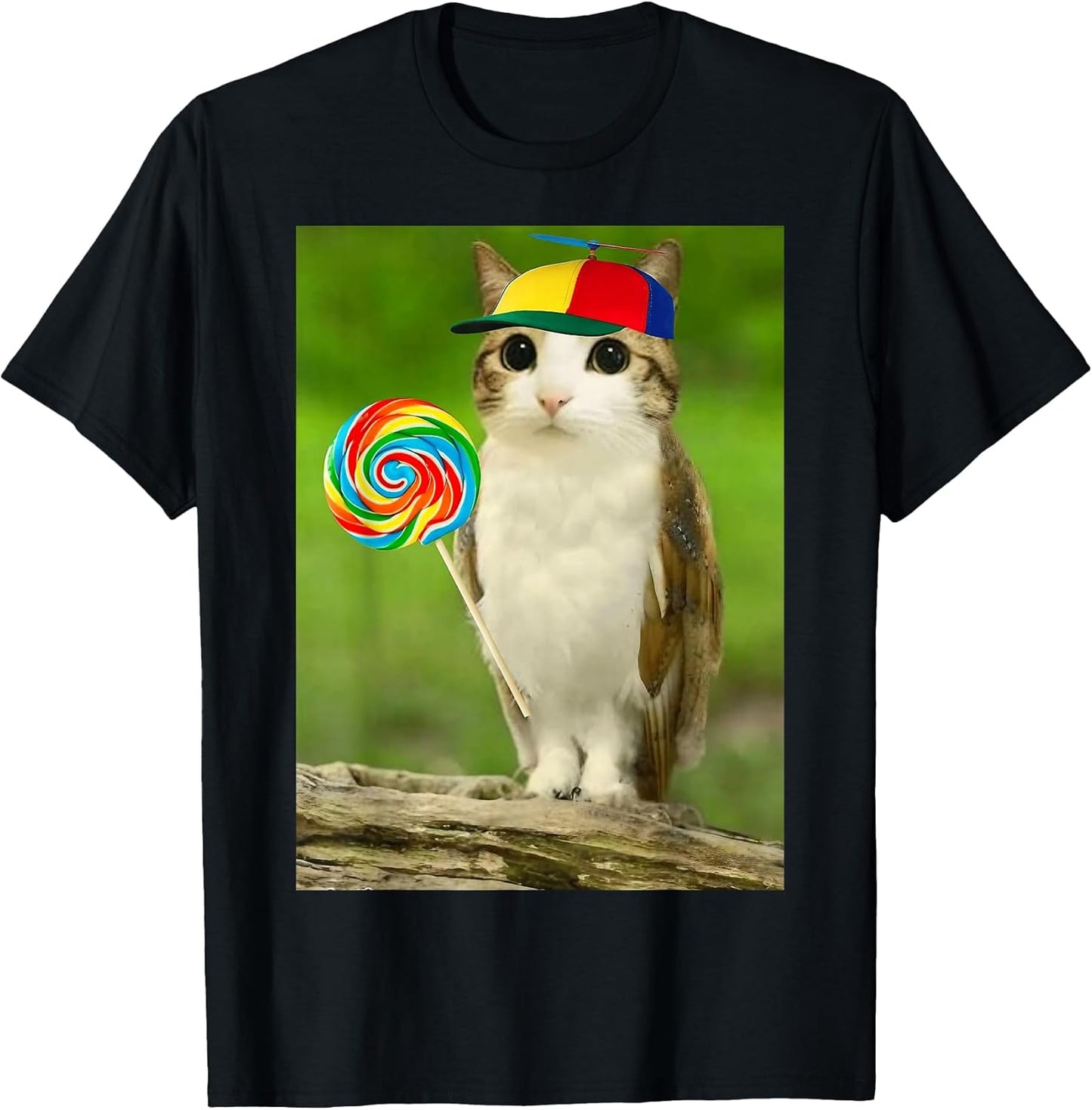 Meowl Cat Owl with Lollipop Funny Cursed Internet Cat Lover T-Shirt