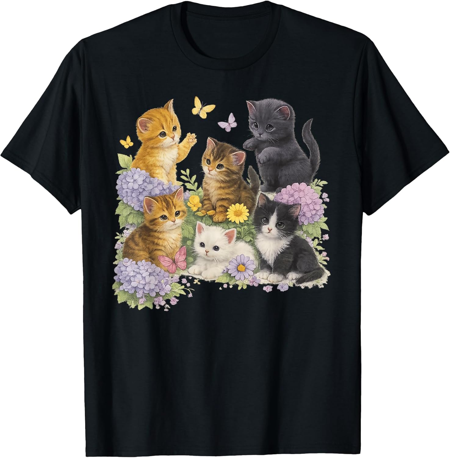 Cute Kittens Floral Garden Butterfly Cottagecore Cat Lover T-Shirt